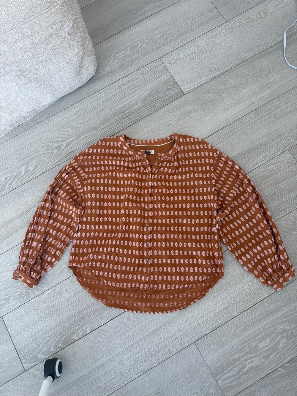 Anthropologie Smocked Blouse Brown Cream Print Size Small Boho Top